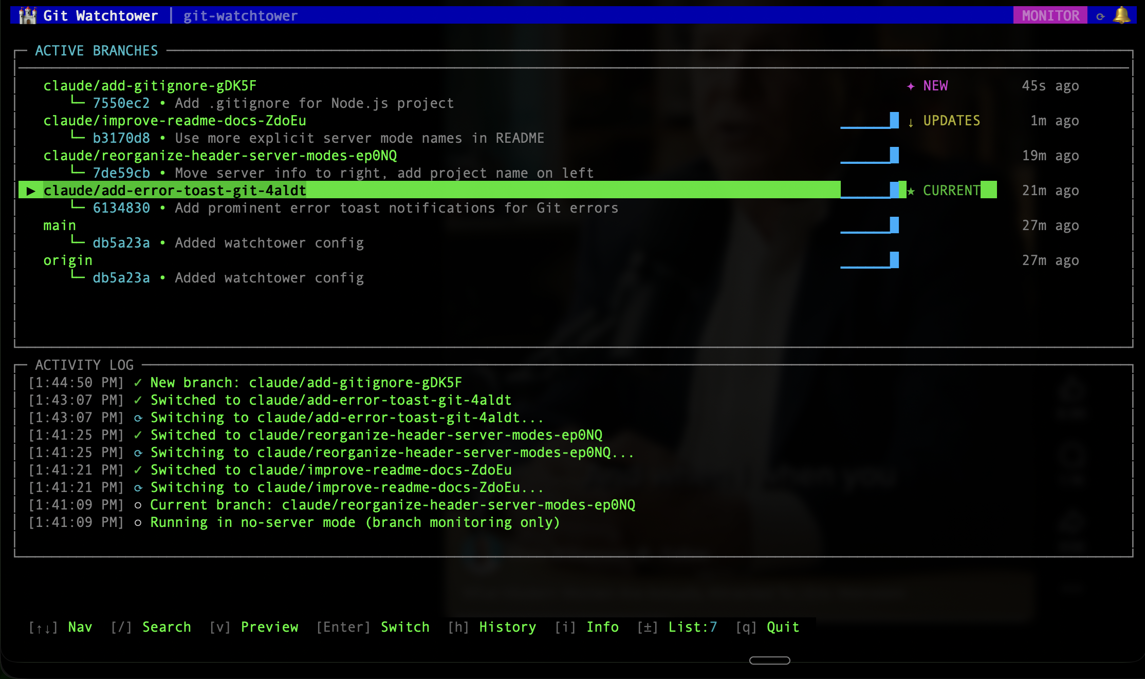 Git Watchtower terminal UI showing branch monitoring with sparklines